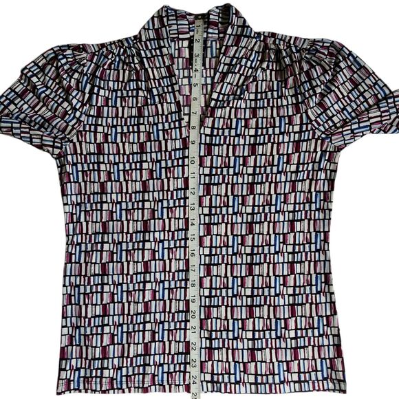 Rafaella Multi Color Black Burgundy Blue Geometric Subtle Puff 3/4 Sleeve Top M - Picture 9 of 10
